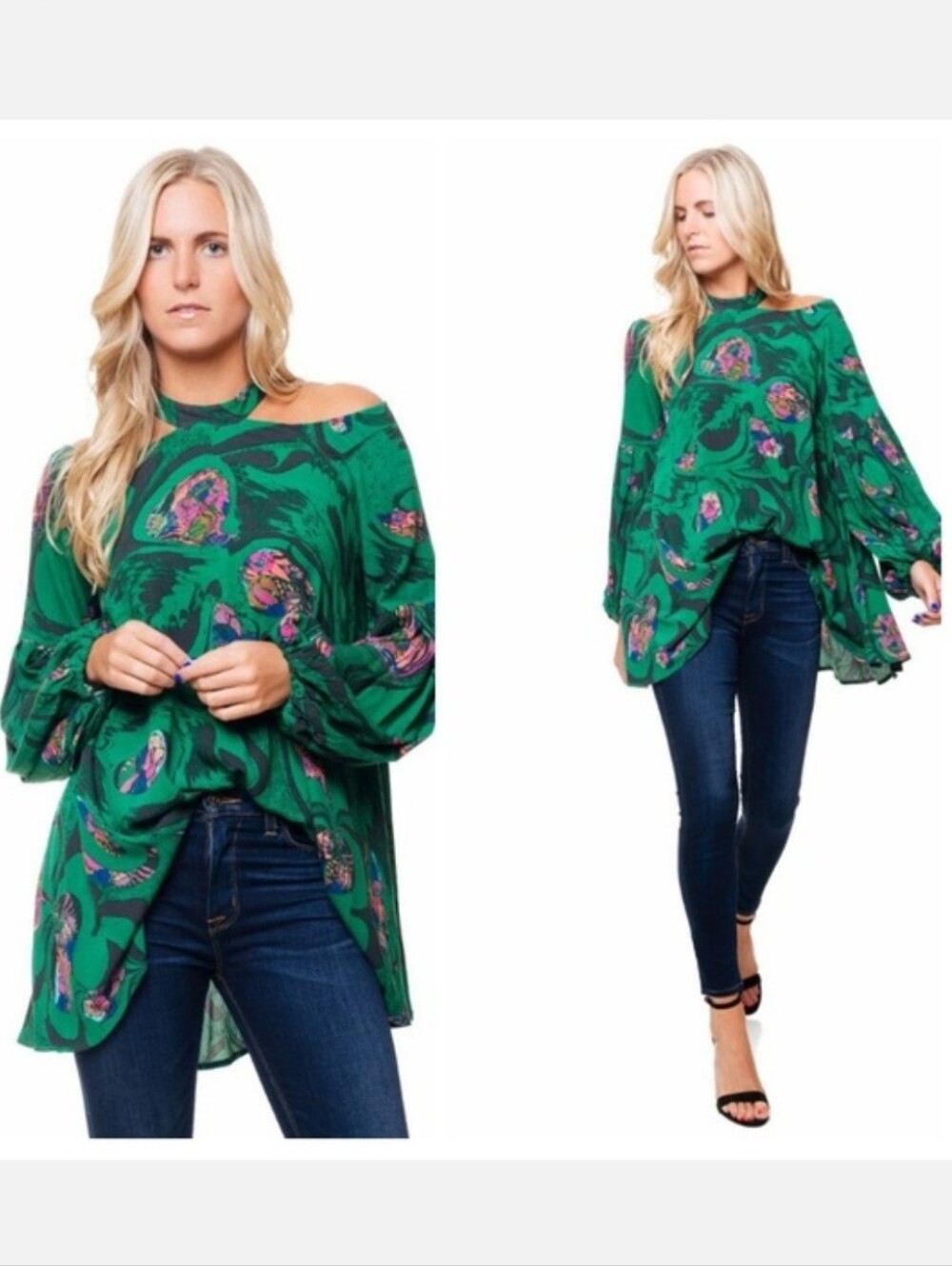 Free People Emerald Green Paisley Off-Shoulder Tunic